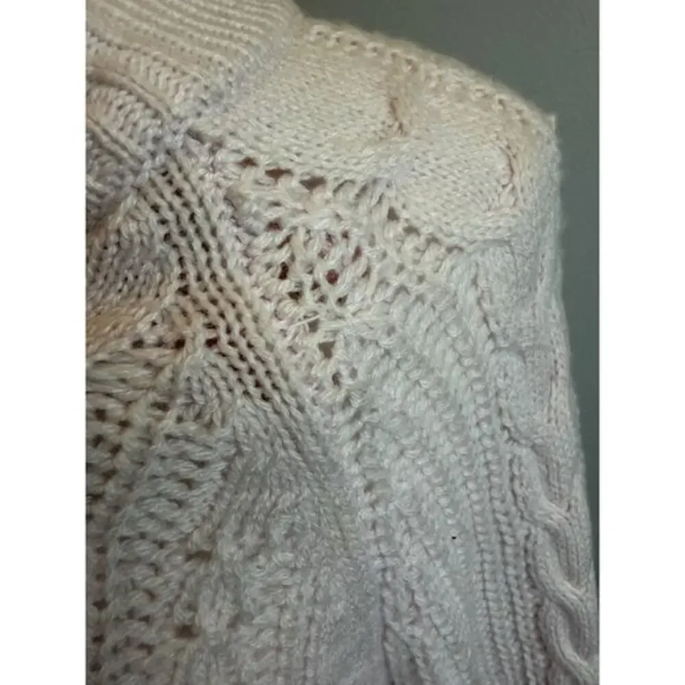 J. Crew Wool Blend Chunky Cable Azra Pom Sweater Women L Cream Ivory Cottagecore